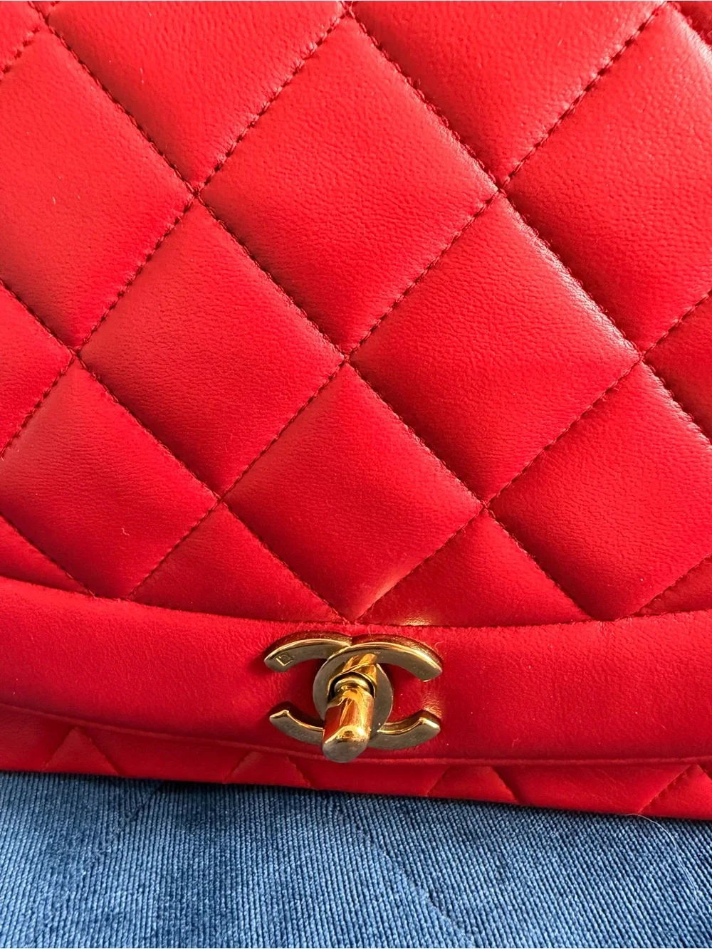 CHANEL Diana 25 Chain Shoulder Bag Lamb Skin Red CC